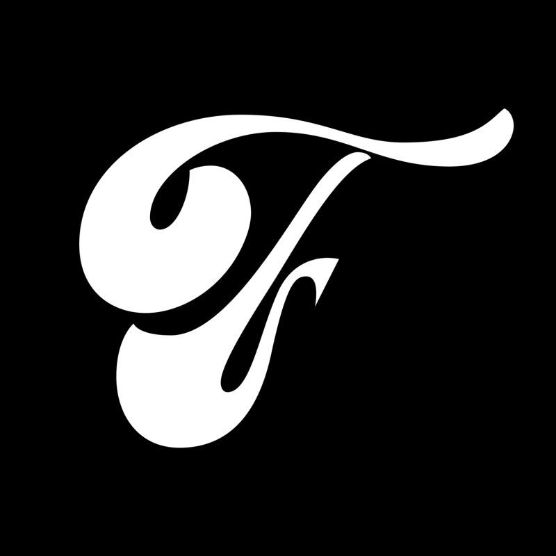 Stylized white cursive letter “T” on a black background