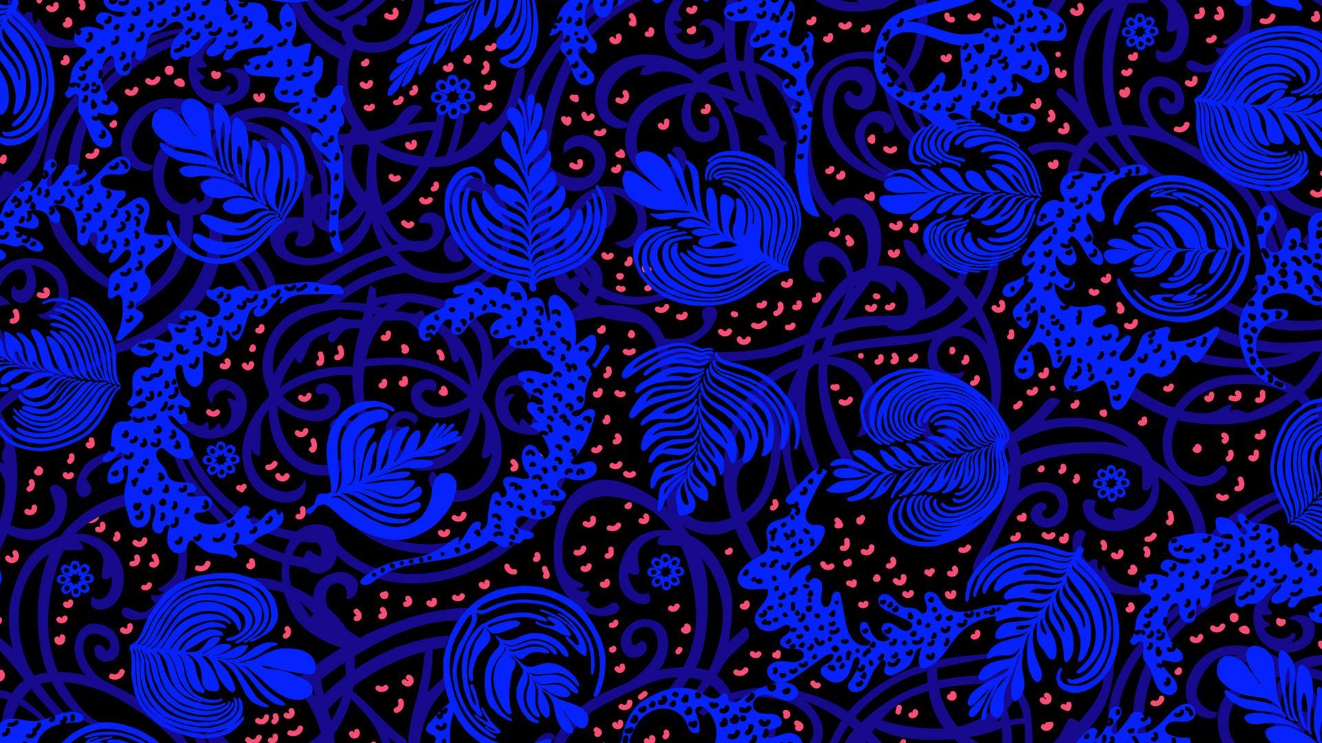A seamless pattern of ornate, electric blue foliage and swirling decorative lines against a solid black background.