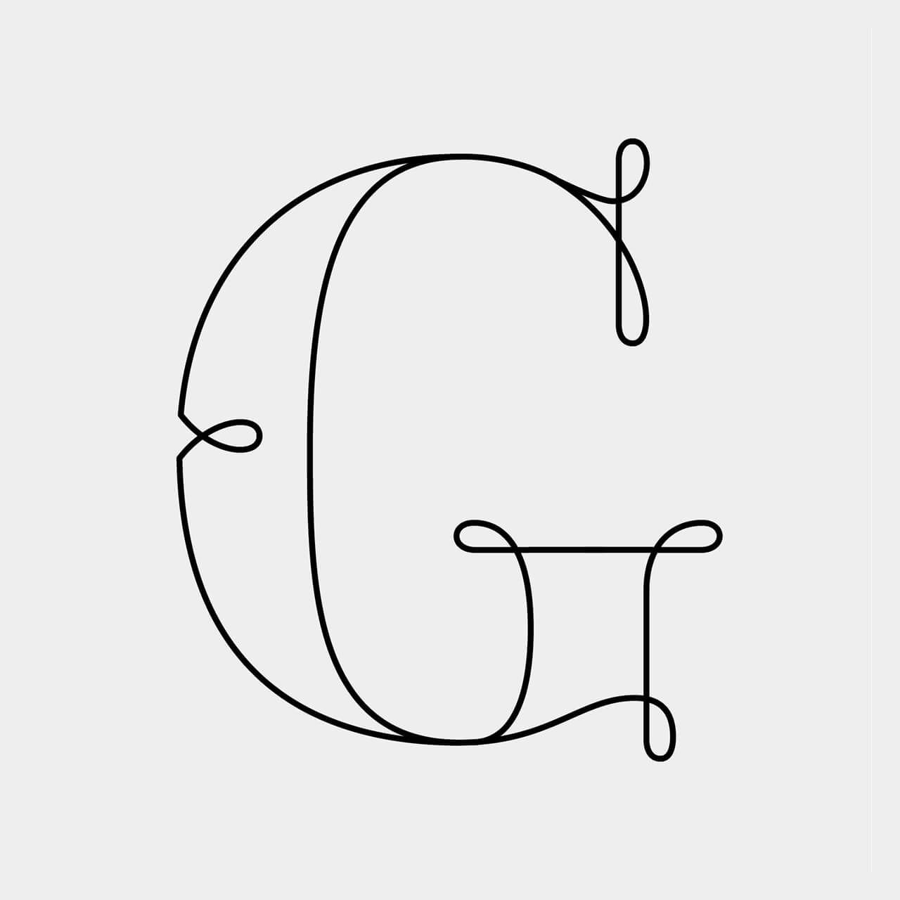 Green Fairy Font. Stylized black outline letter G on a light gray background