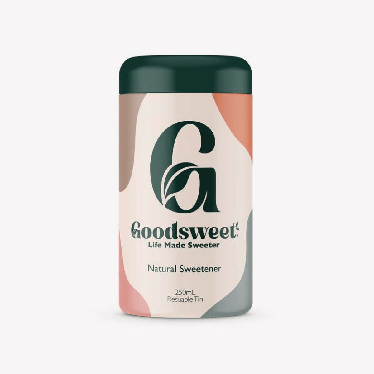 Goodsmile tea can with dark green top and pink-green abstract label