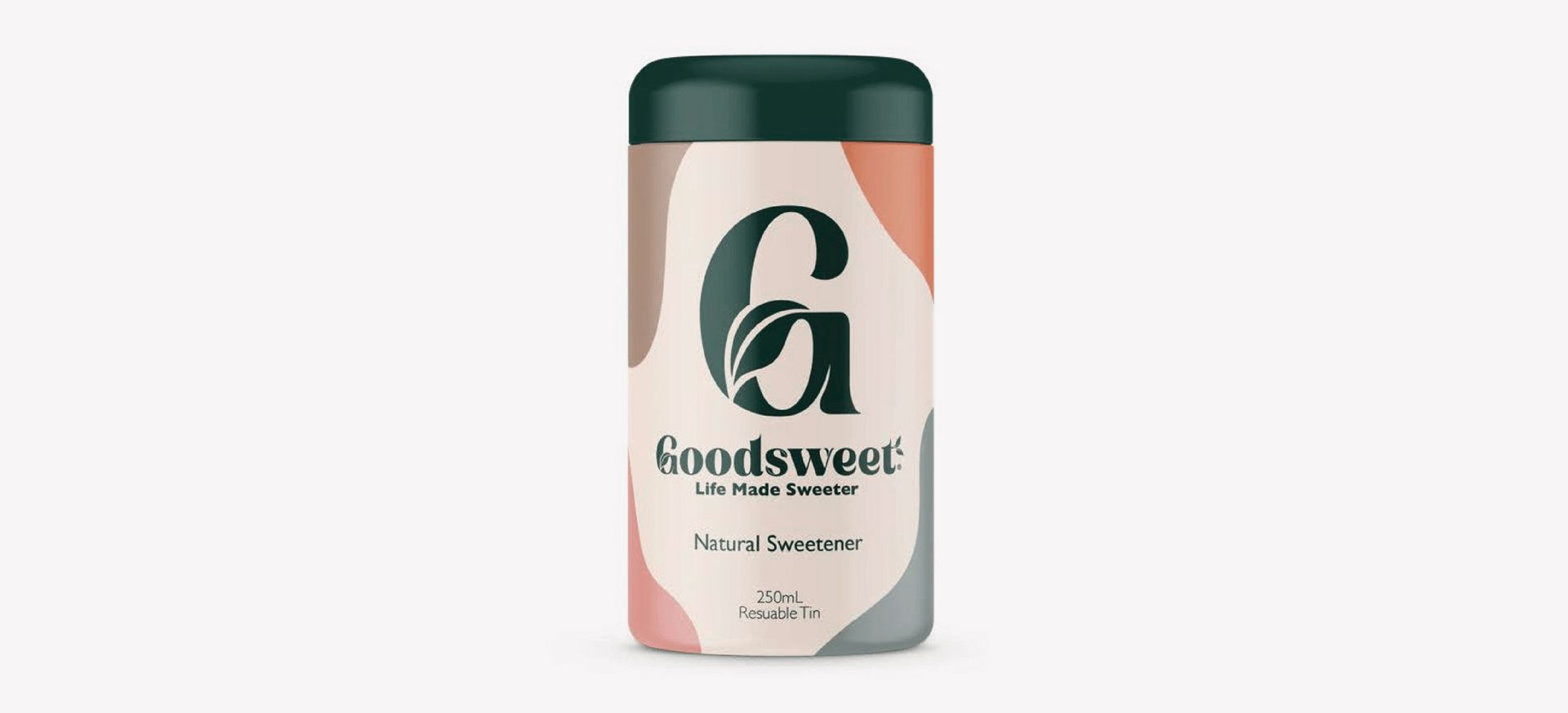 Goodswatter canned drink with dark green top and cream, pink, and green label