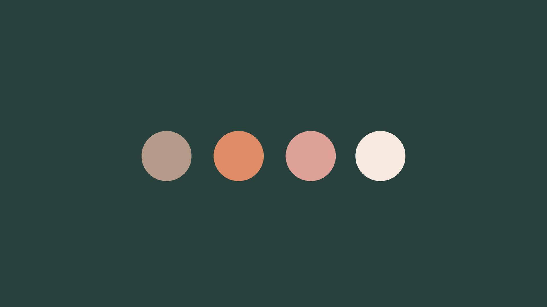 Four colored circles—beige, orange, pink, and white—on a dark green background.