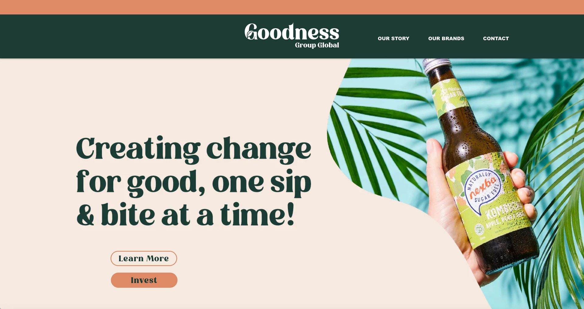Goodness soda ad with bottle, green leaves, and headline “Creating change for good, one sip & bite at a time!”
