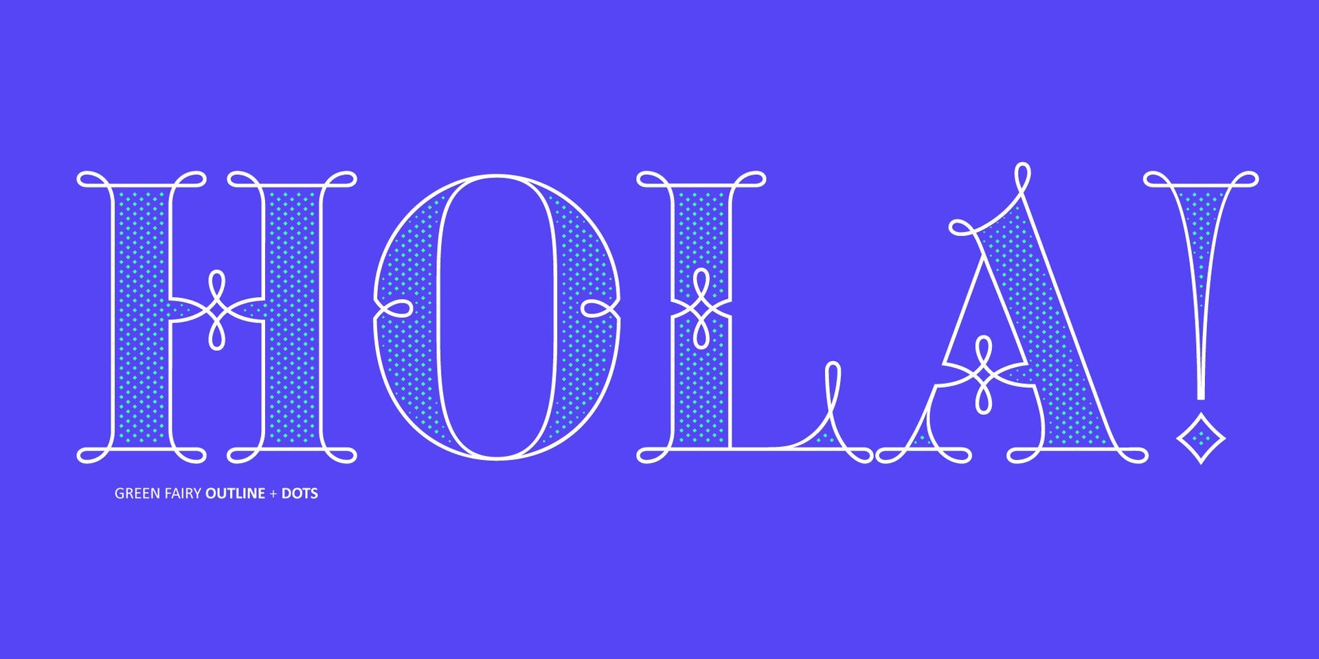 Purple decorative “HOLA!” text with star accents on a blue background.