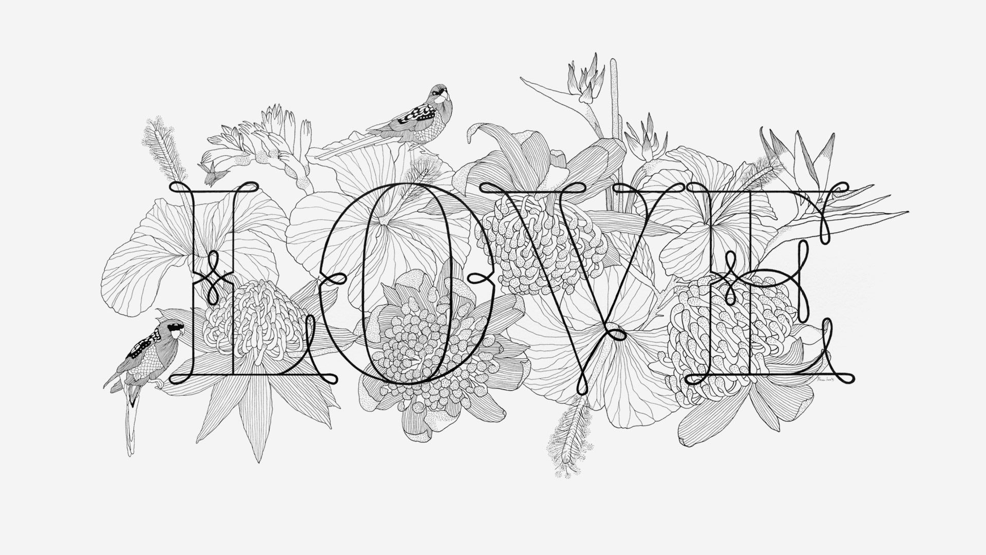 Decorative line-art spelling “I ♥ Y” with flowers and leaves on a light background