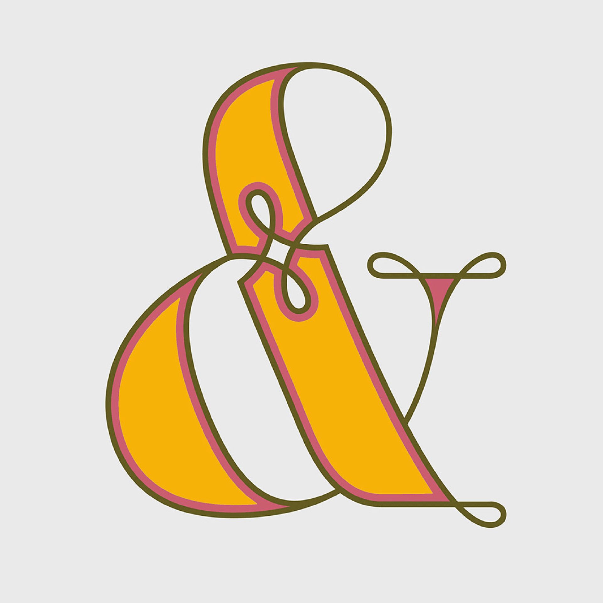 Green Fairy Font. Orange and white ribbon-shaped ampersand with brown outline on a light background