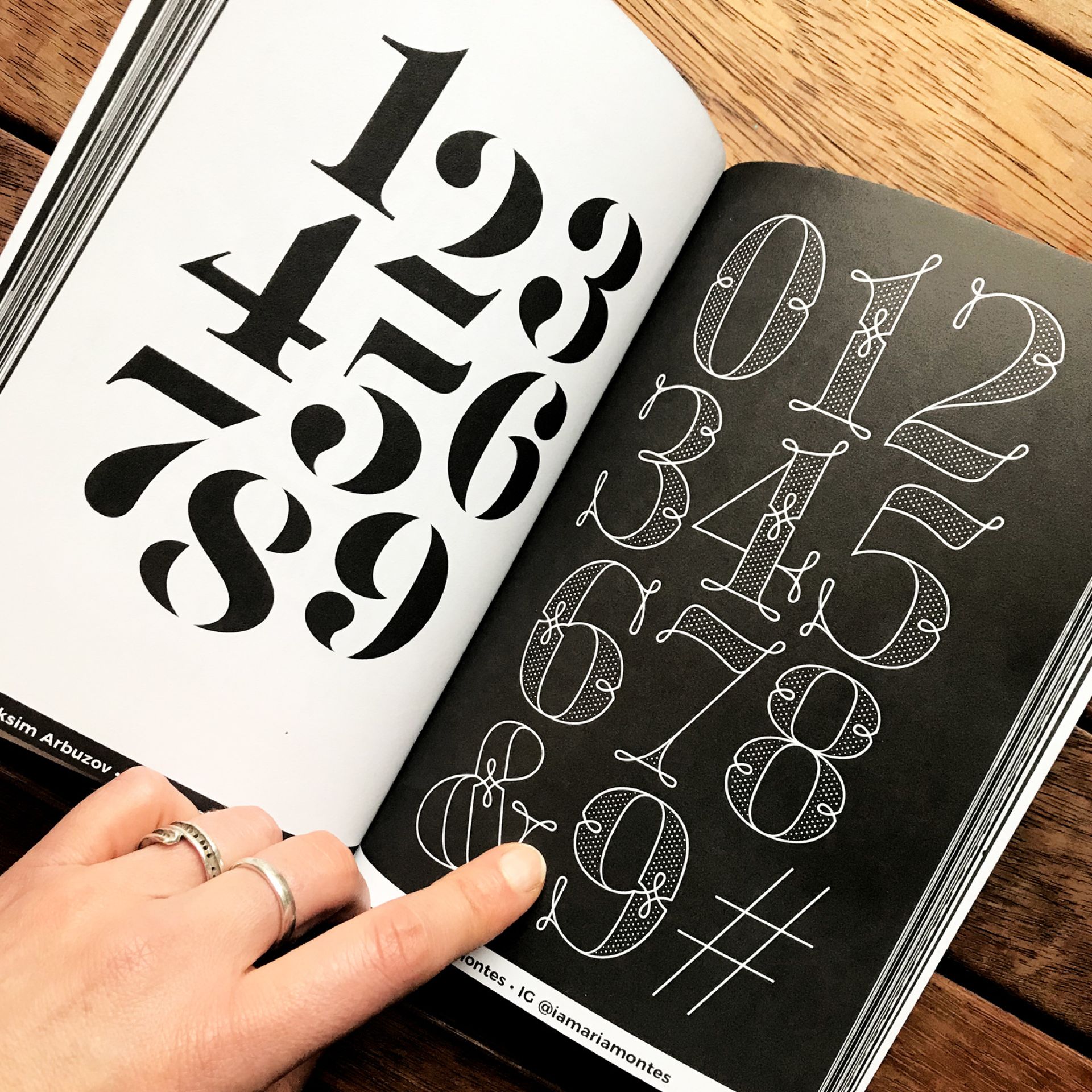 Green Fairy Font. Open notebook with bold black and white number typography on a desk, hand pointing at chalk-style numbers