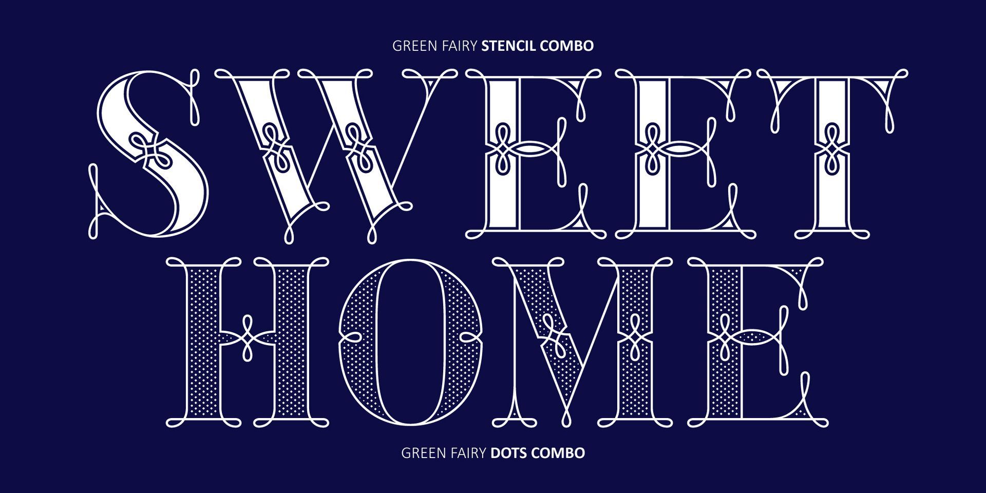 Decorative white “SWEET HOME” text on a dark blue background.