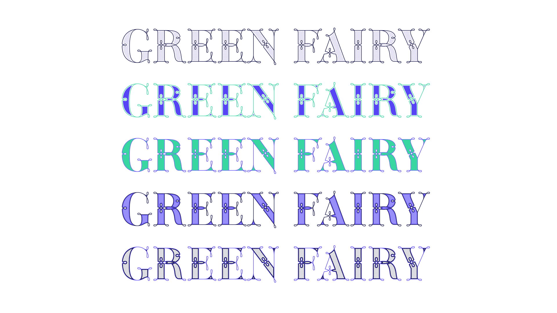 Green Fairy Font. Repeated “GREEN FAIRY” text in blue, green, and gray on a white background