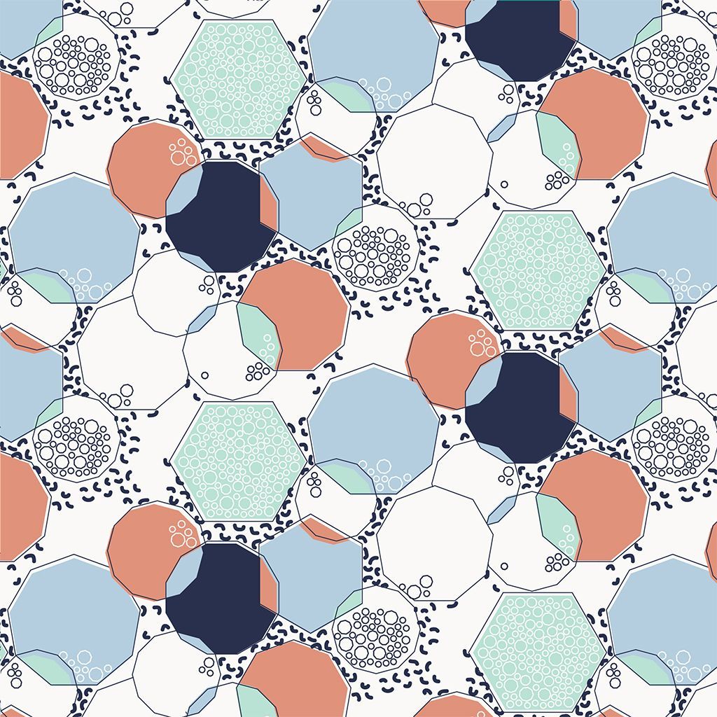 Abstract pattern of overlapping pastel circles and hexagons in blue, coral, mint, and white