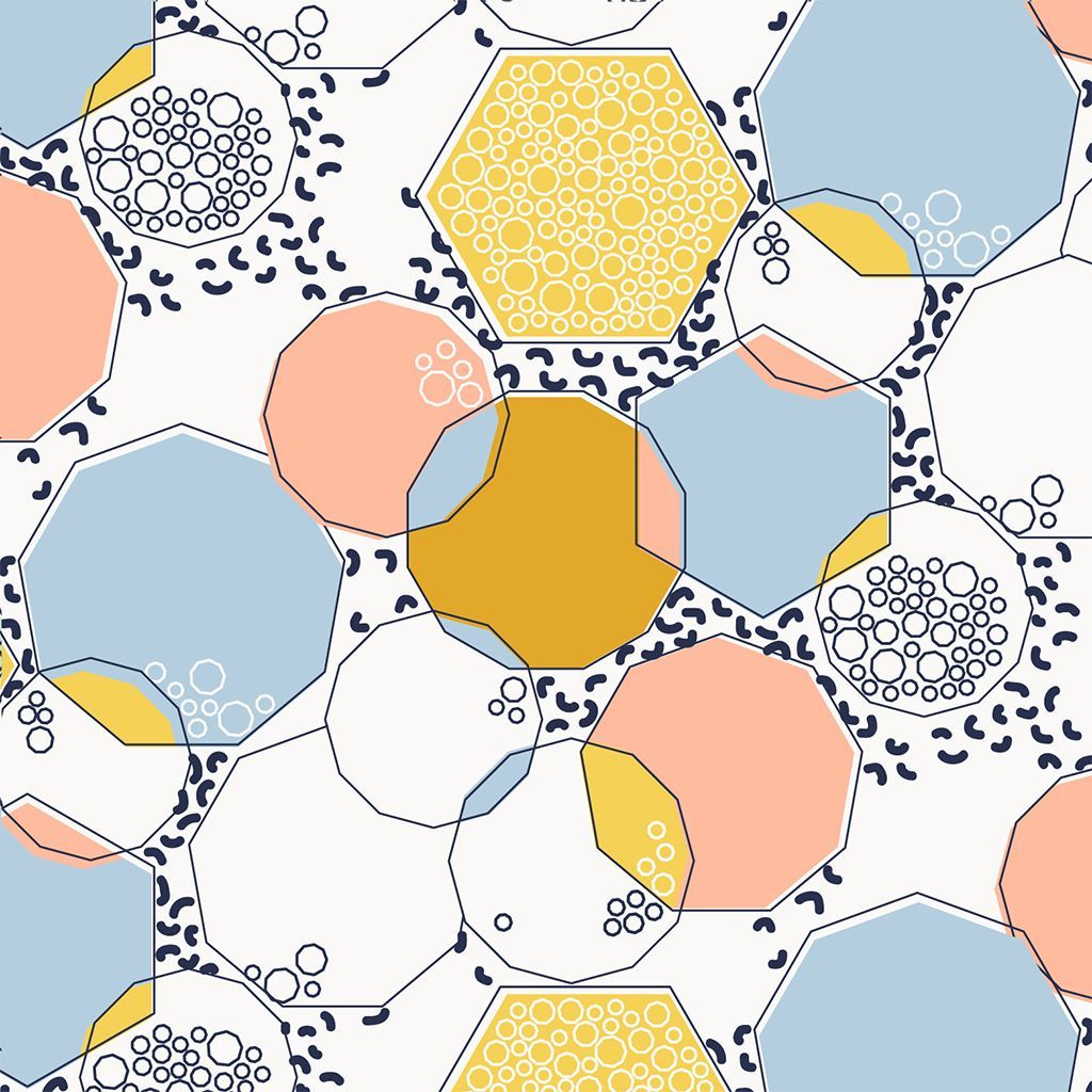 Pastel abstract pattern of overlapping hexagons, circles, and dashed lines in blue, yellow, peach, and white