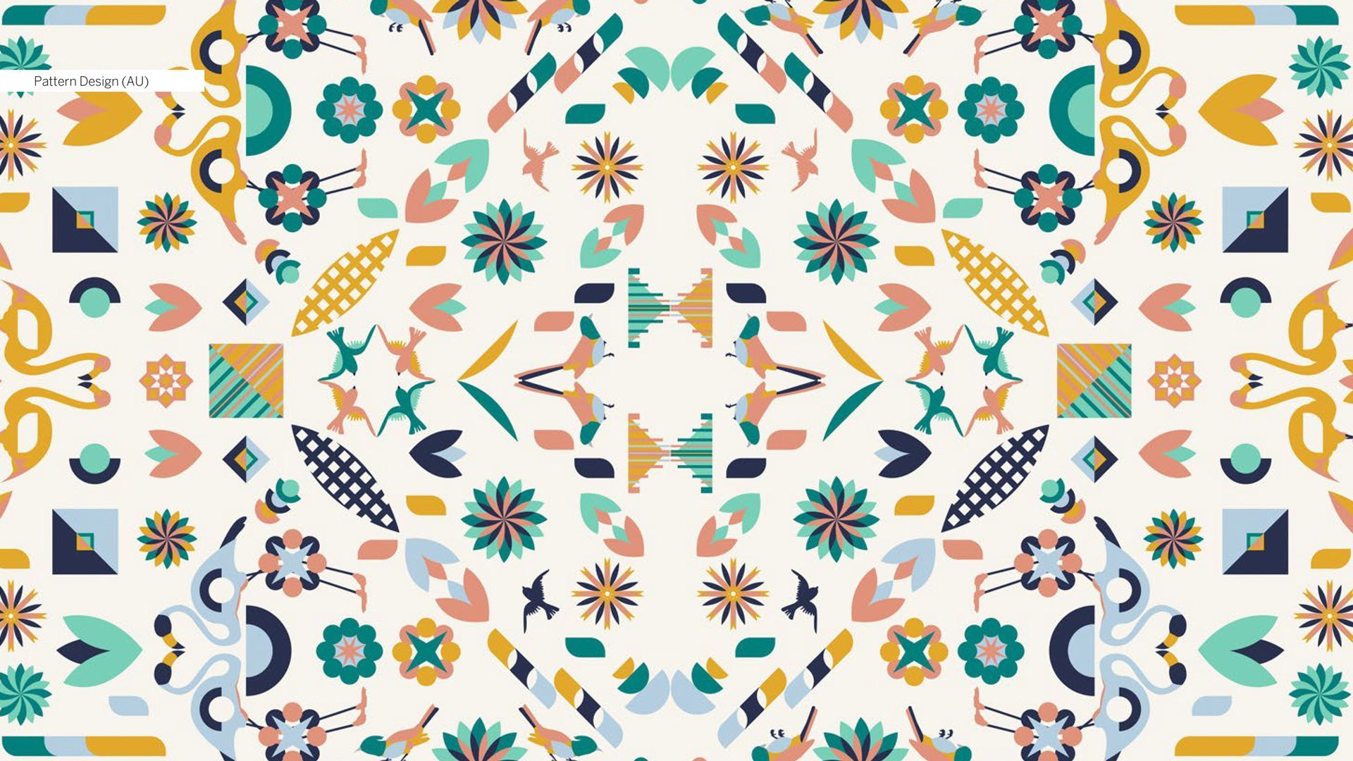 Colorful symmetrical floral and geometric pattern in teal, orange, yellow, and navy on a light background