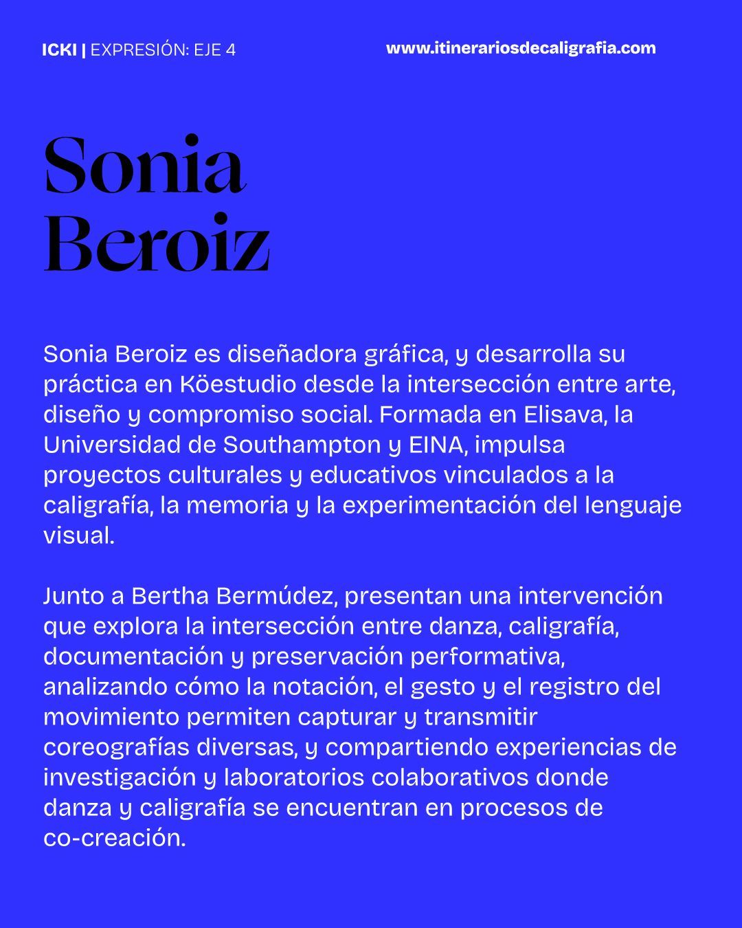 Blue Sonia Beroiz profile page with portrait text and bio in Spanish