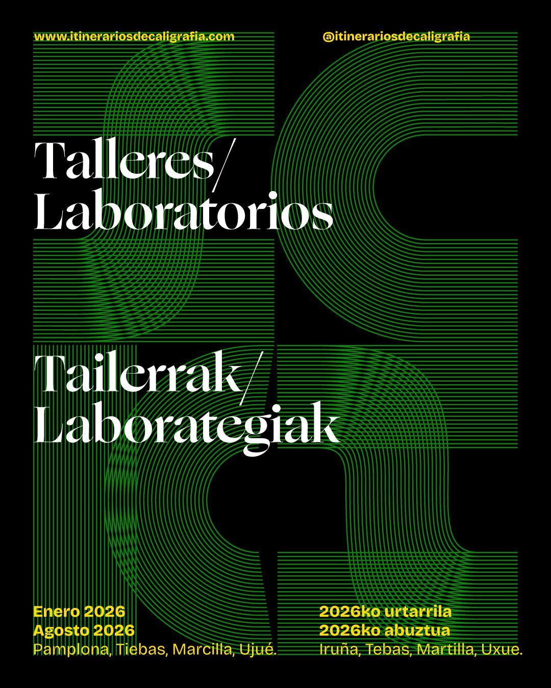 Poster with green abstract patterns and white text reading “Talleres/Laboratorios” and “Tailerrak/Laborategiak”