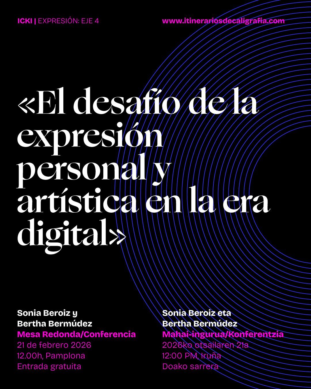 Cartel negro con texto blanco y morado: «El desafío de la expresión personal y artística en la era digital»
