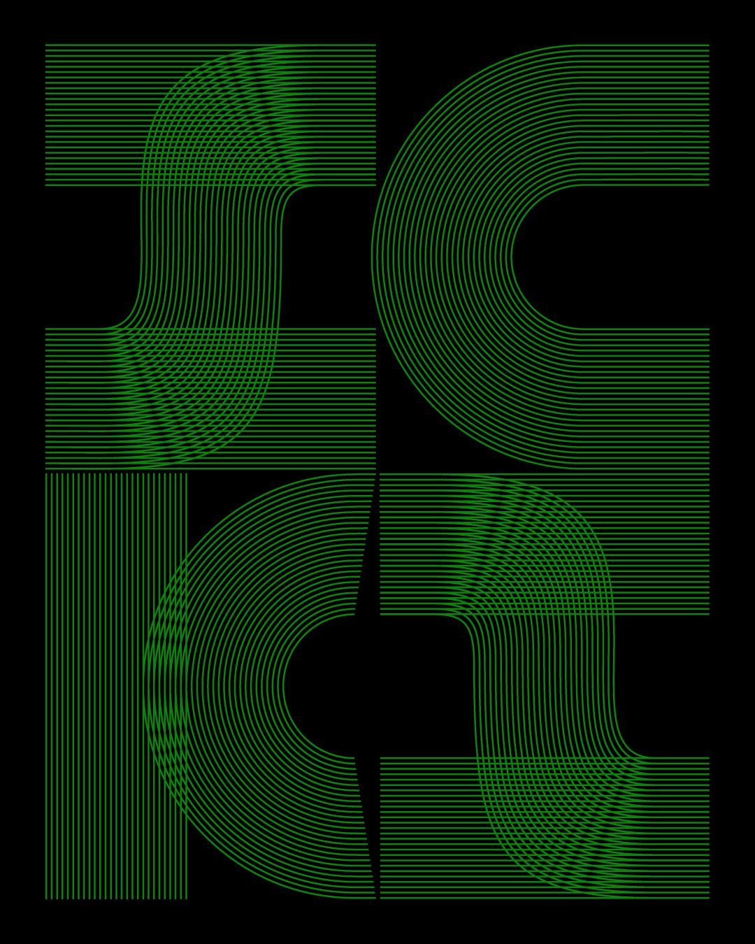 Abstract neon-green geometric letters on a black background, arranged in a stylized grid