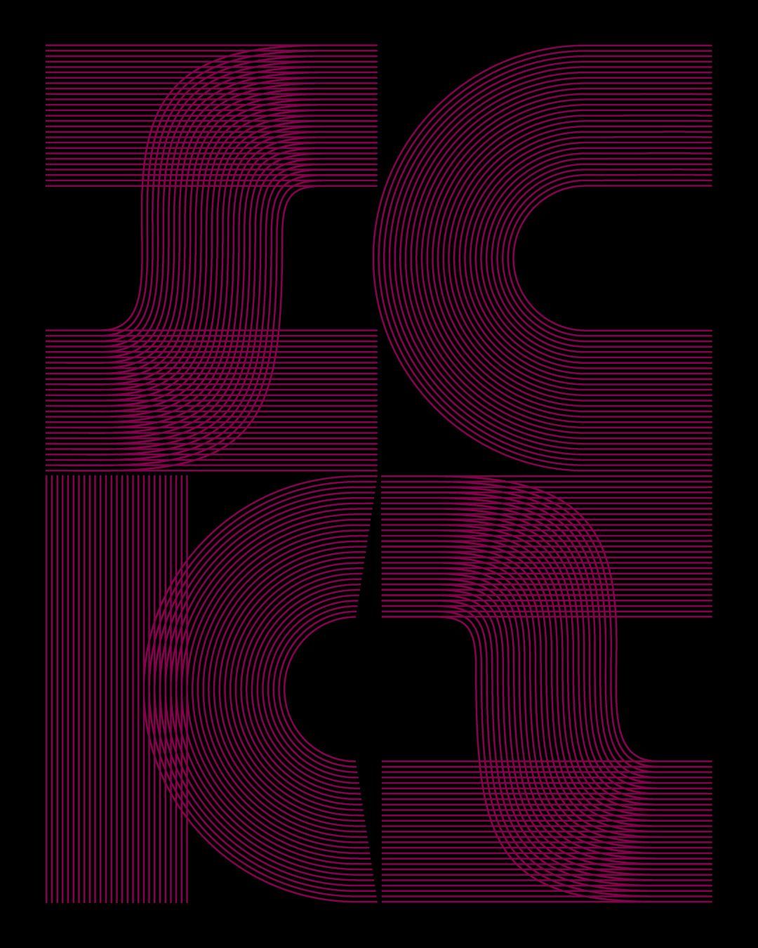 Abstract neon magenta geometric shapes on black background, forming a stylized monogram-like design