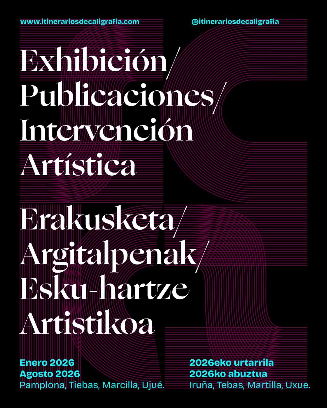 Poster for an art exhibition in Spanish and Basque on a dark magenta background, with dates and venue details.