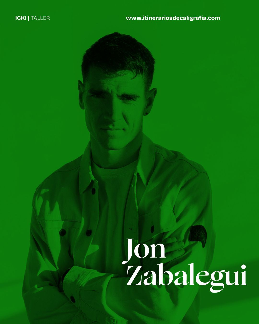 Green-tinted portrait of a man with crossed arms, name text “Jon Zabalegui” overlaid.