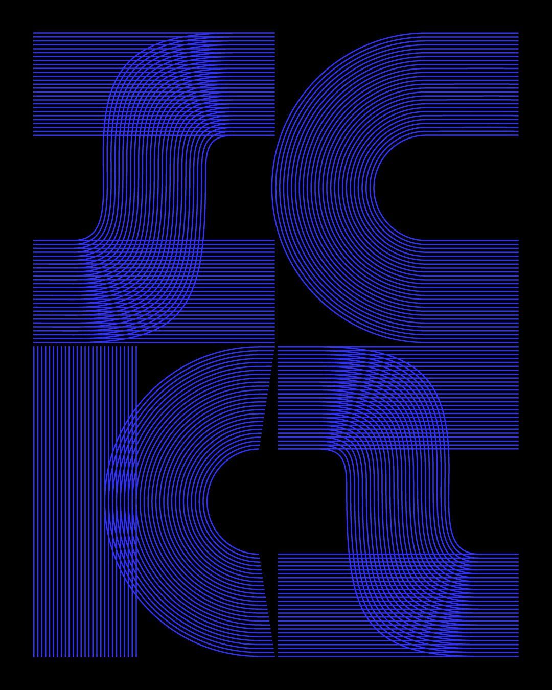 Abstract blue geometric letters on a black background, arranged in a four-square logo pattern