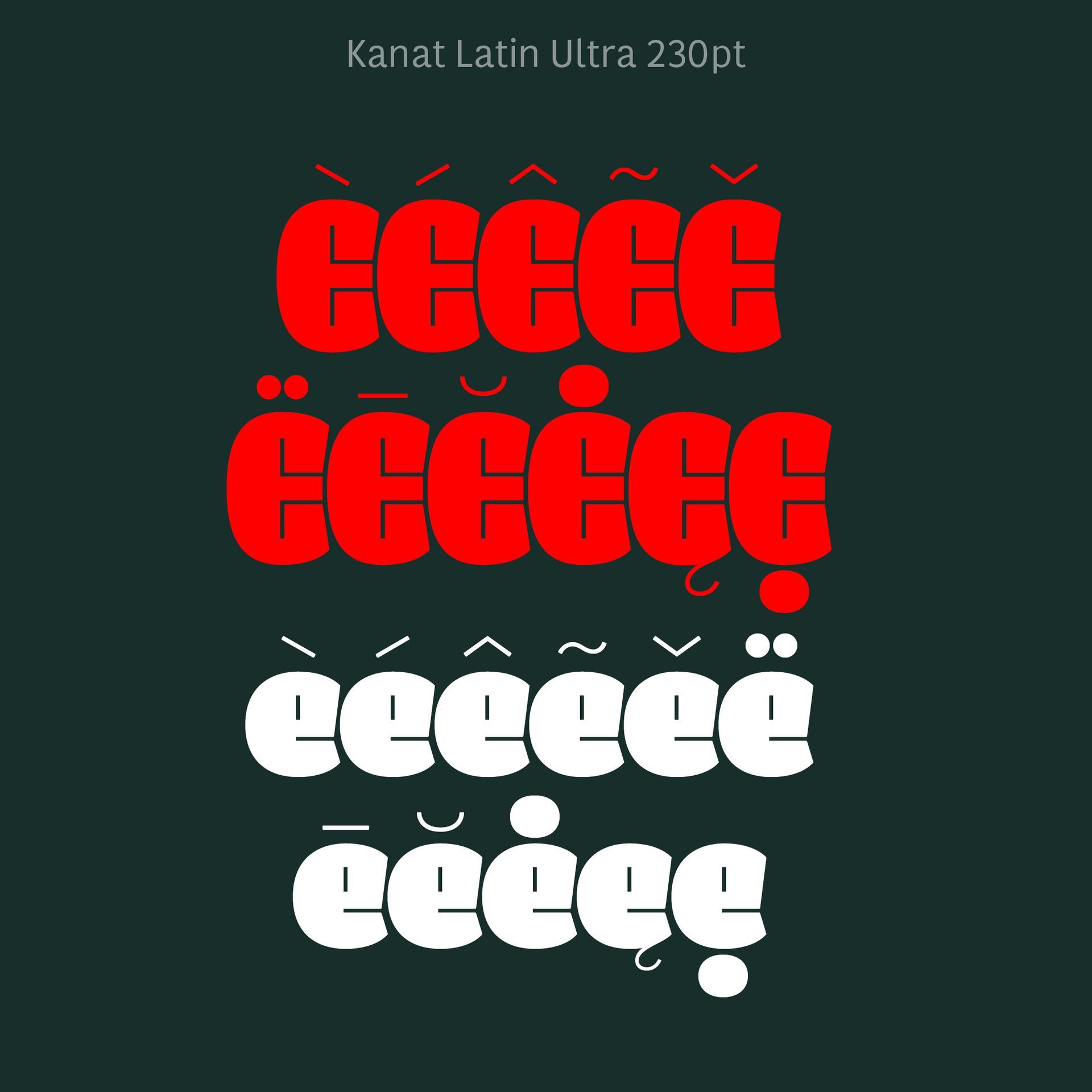Font sample showing repeated accented letters in red and white on a dark green background.
