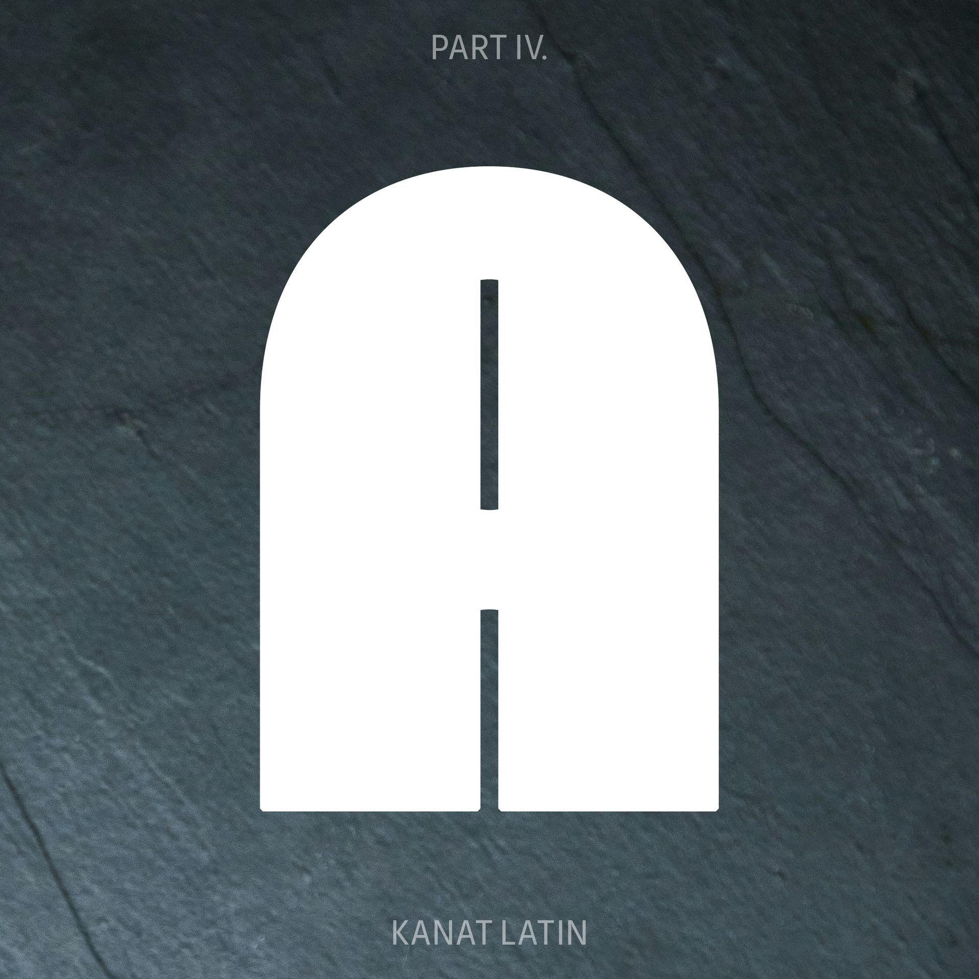 White arch-shaped logo with a vertical line and a narrow cutout, on a dark textured background with small text