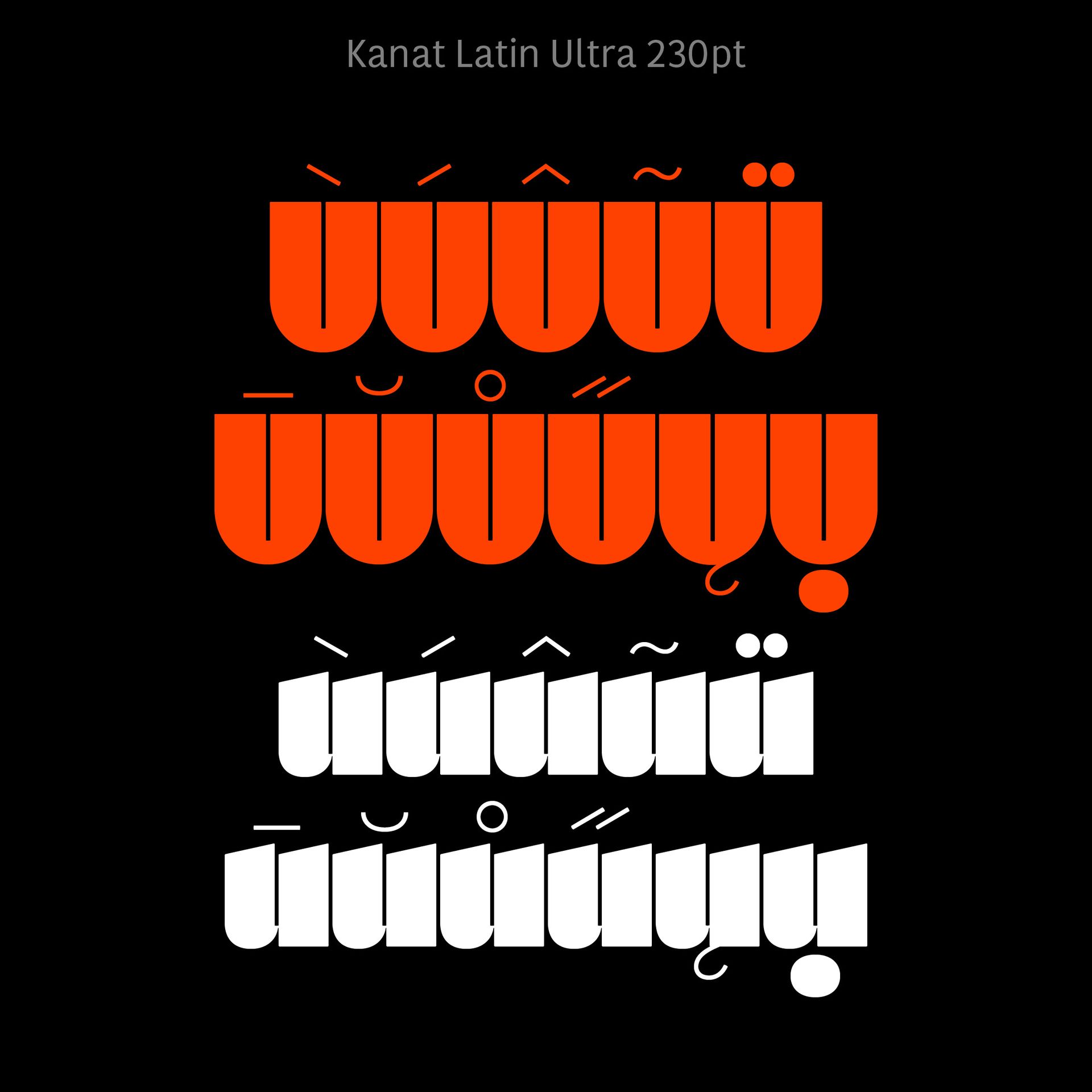 Arabic-style letterforms in orange and white on a black background, labeled “Karat Latin Ultra 230pt”