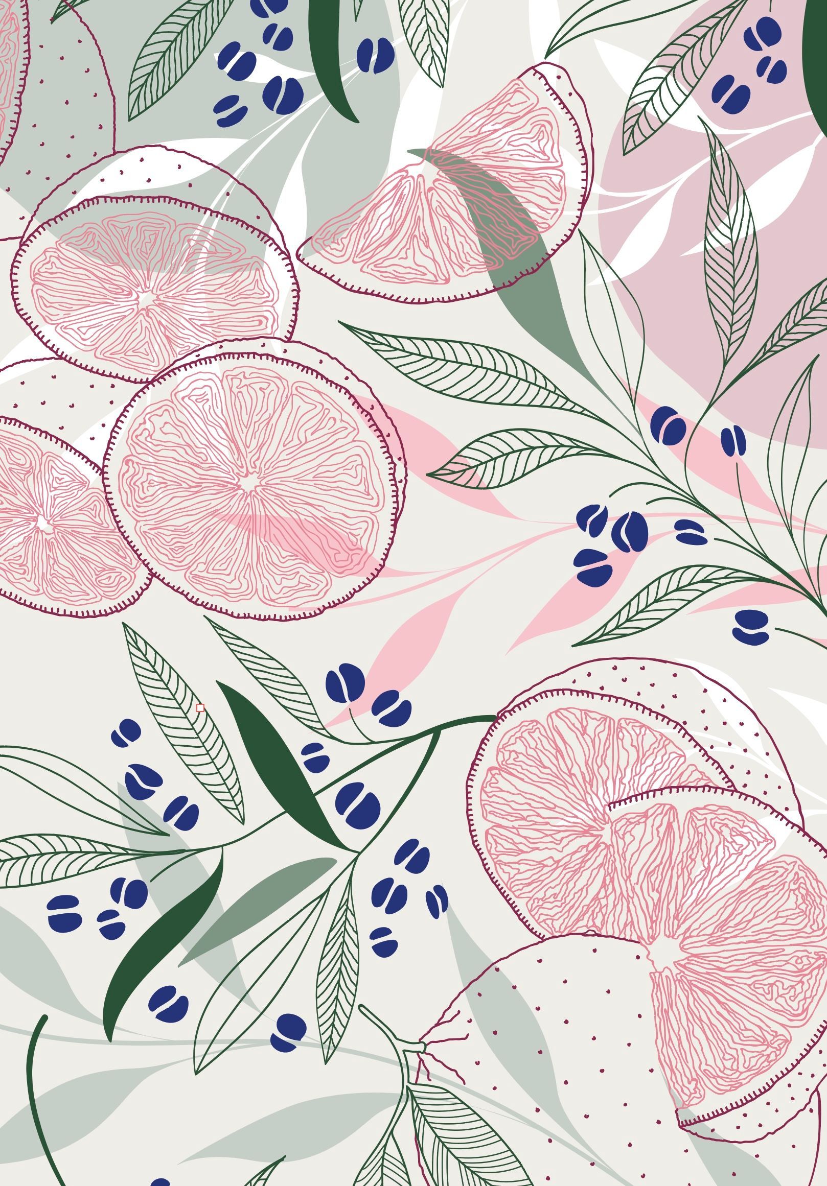 Abstract floral pattern in pink, green, and navy with leaves and textured blossoms on a cream background