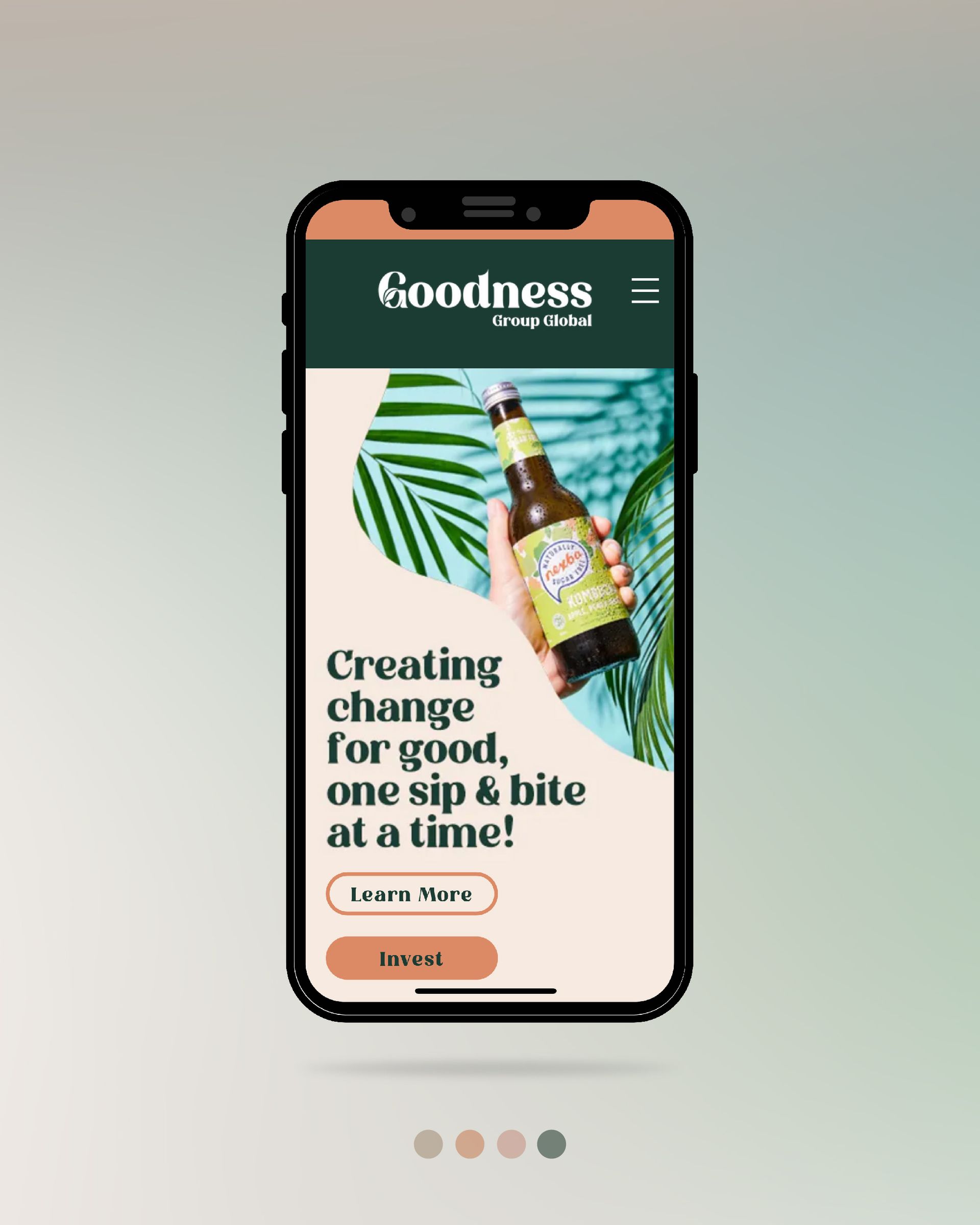 Phone mockup showing a Goodness food ad with bottle, leaves, and the text “Creating change for good, one sip & bite at a time.”