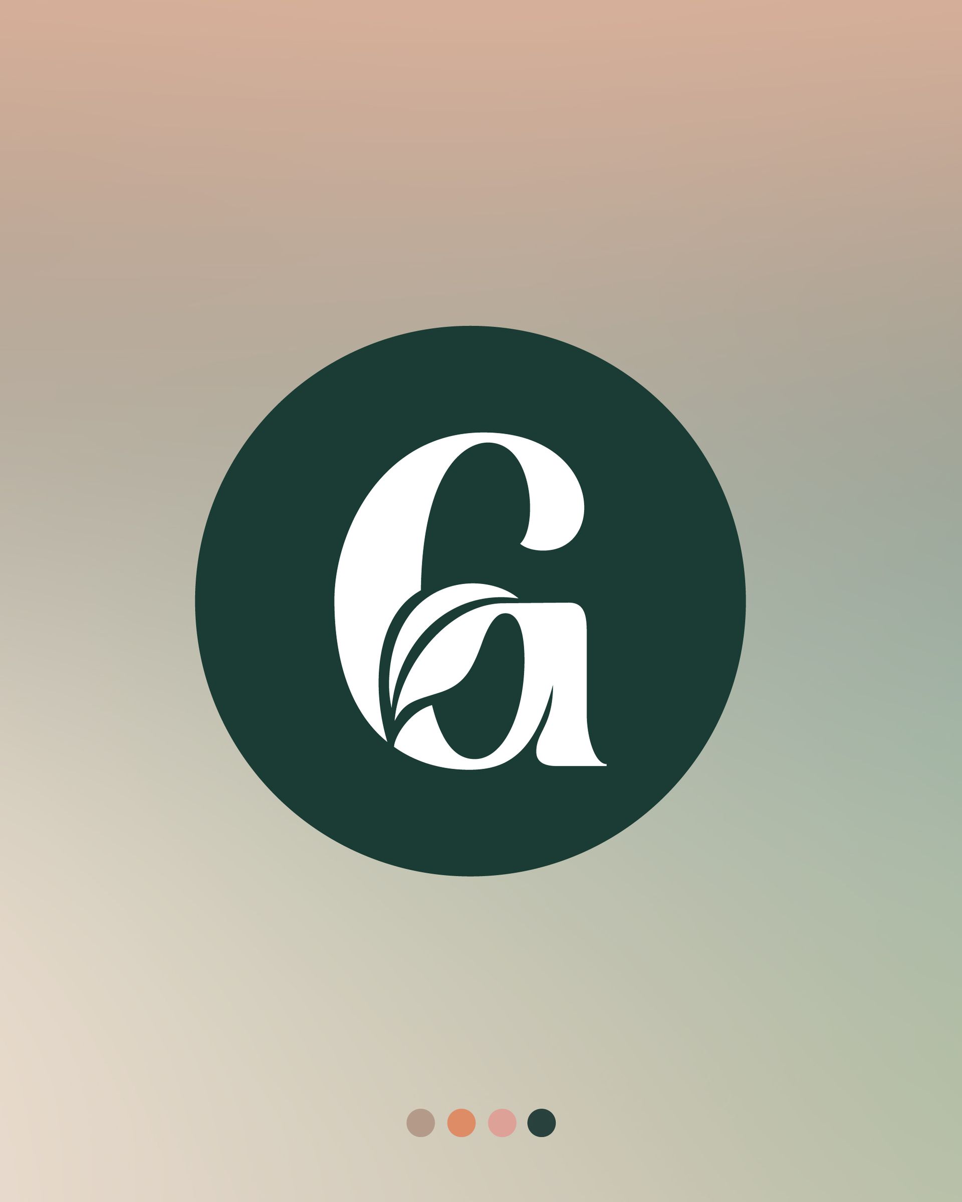 Dark green circular logo with a white stylized letter G on a soft gradient background.