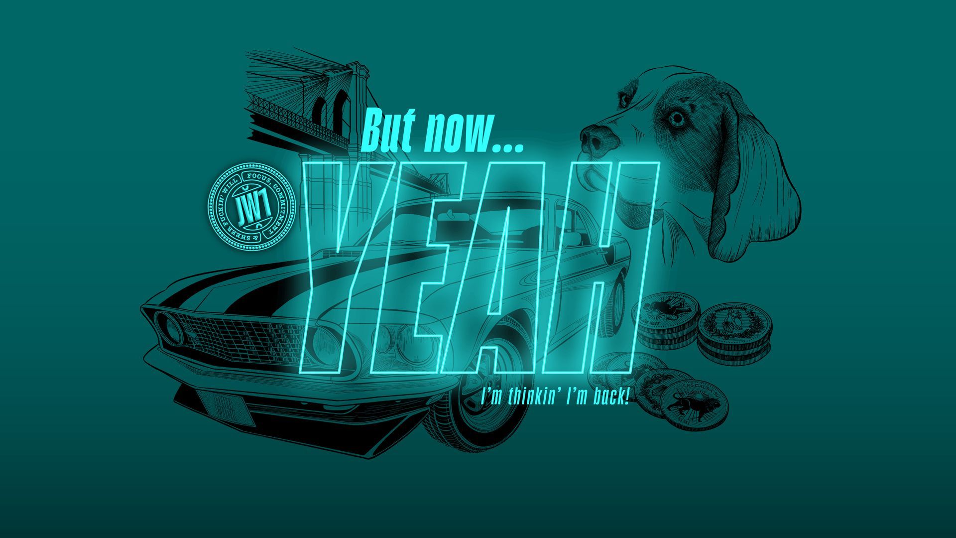Bold teal promo graphic with a large “YEAH” slogan, dog illustration, and burger, fries, and snacks
