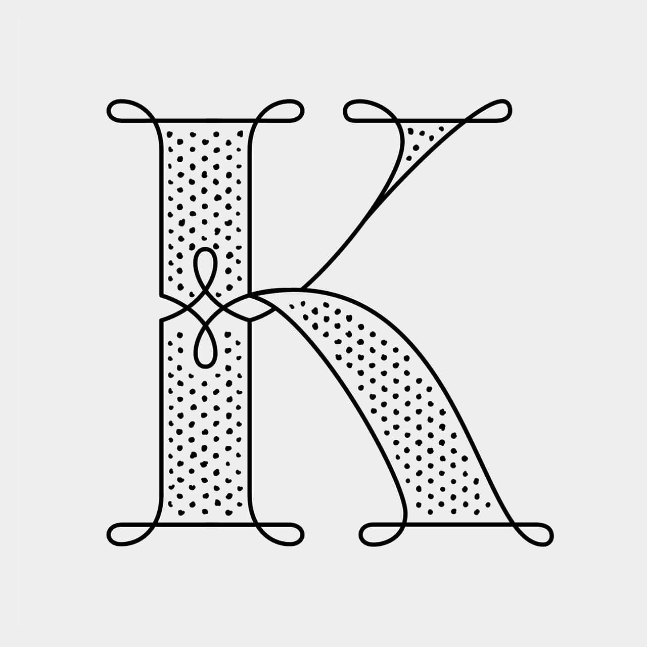 Green Fairy Font. Decorative black-and-white calligraphic capital K with dotted fill and flourished serifs