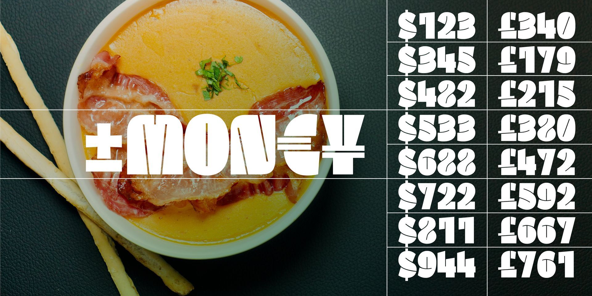 Top-down bowl of soup or stew with bold white text overlay and a list of dollar amounts on the right