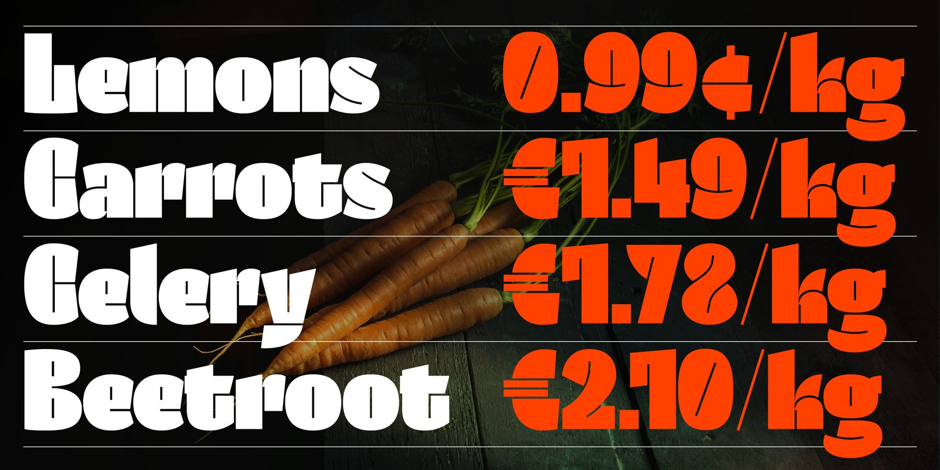 Produce price sign: Lemons, Carrots, Celery, and Beetroot with prices in orange on black.