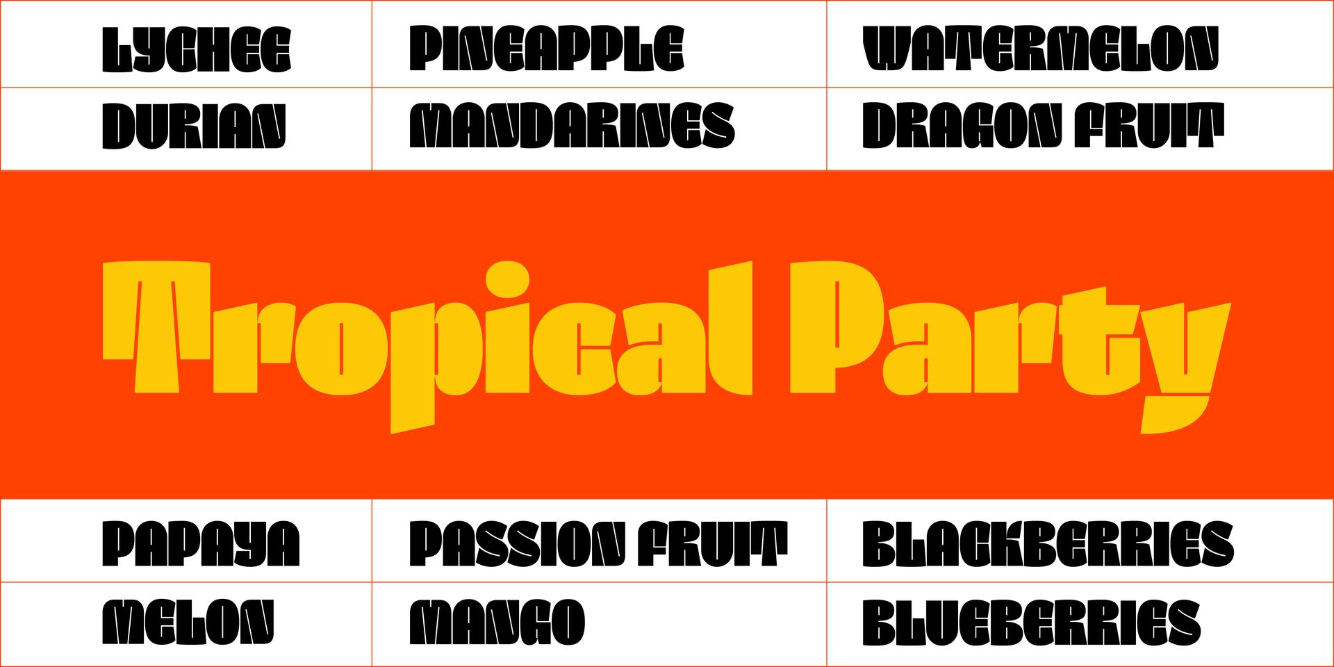 Tropical Party poster with fruit names in bold black and yellow text on orange background