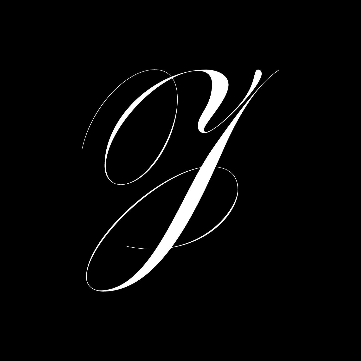 White cursive monogram “Y” on a black background