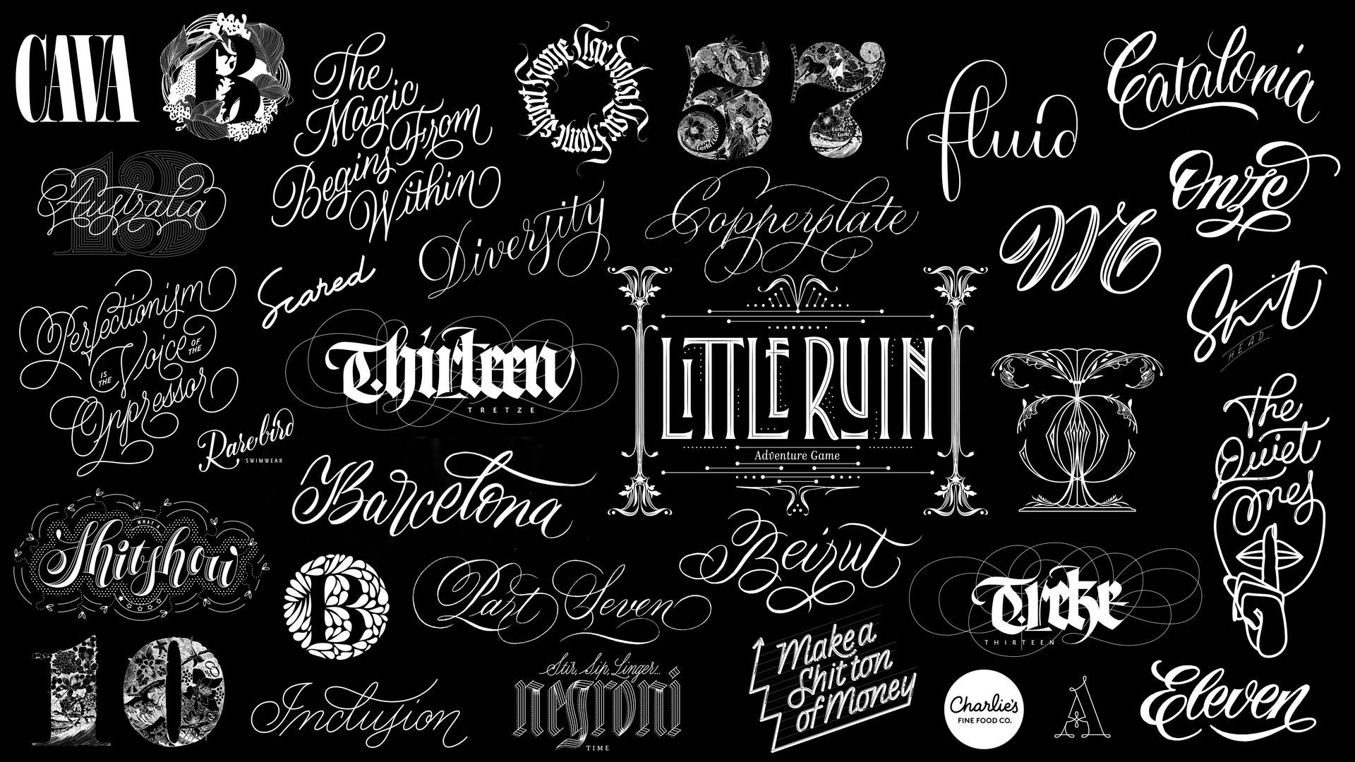 A black background featuring a collection of decorative, diverse typography, slogans, and artistic logos in white text.