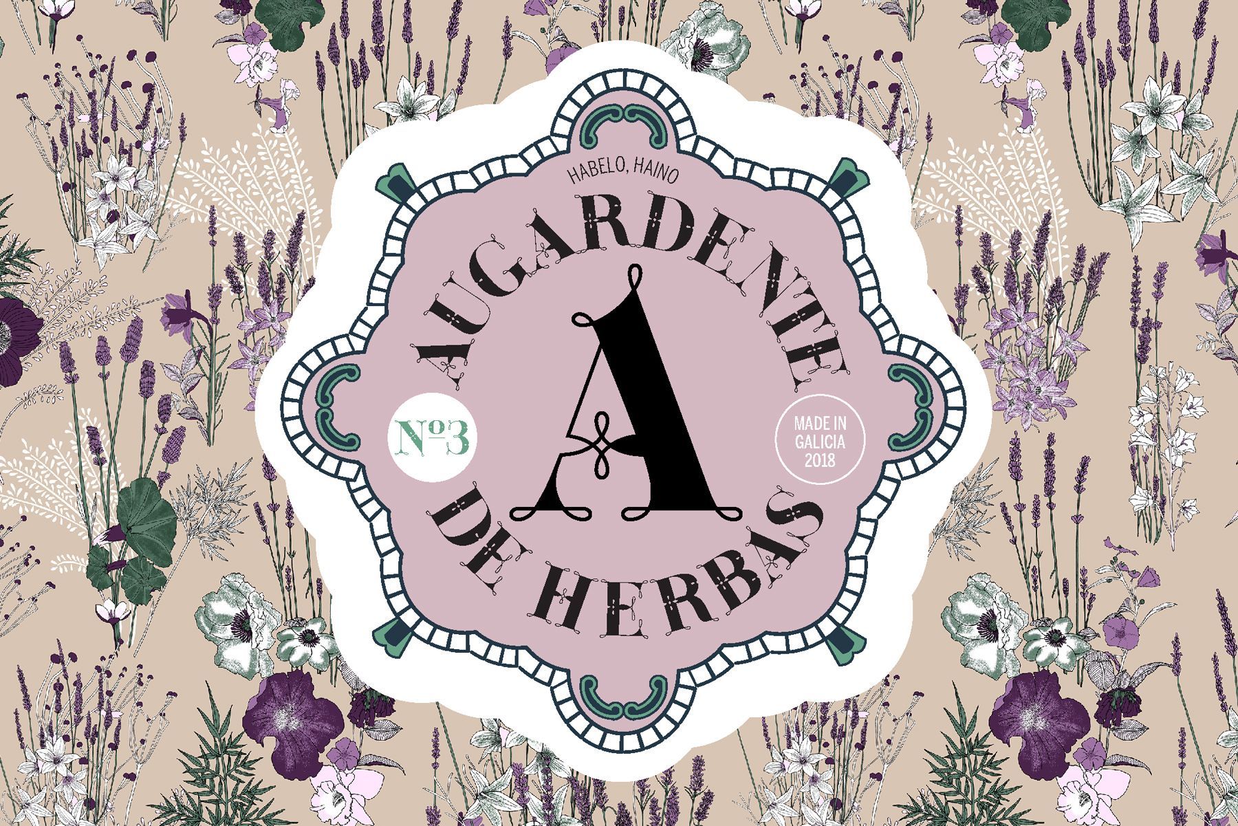 “Garden of Herbs” floral logo with a large letter A on a beige botanical background