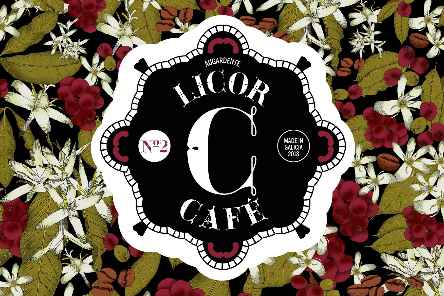 Floral background with a black scalloped “Licor C Café” logo in the center