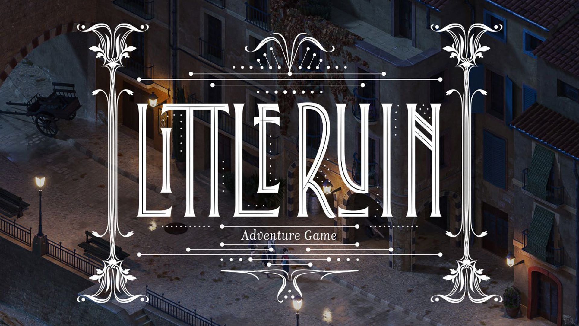 Title screen for Little Ruin adventure game over a dark, rainy city street at night