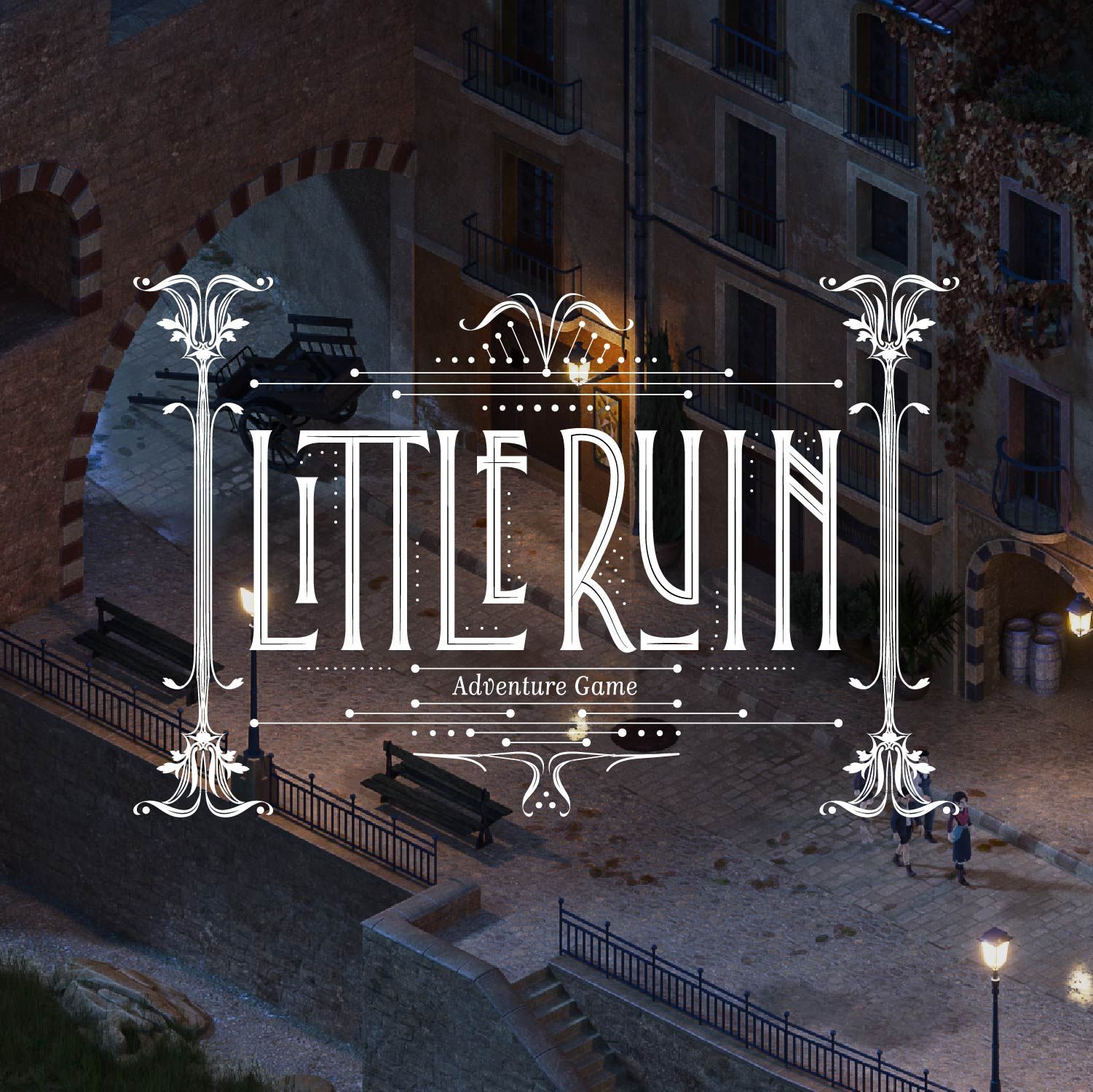 Little Ruin game title over a dark rooftop street scene at dusk, framed by ornate white flourishes