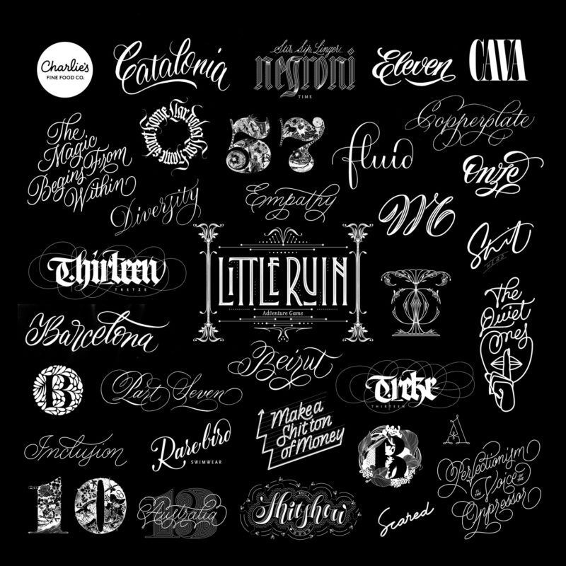 A collection of various decorative white typography and calligraphy logos set against a solid black background.