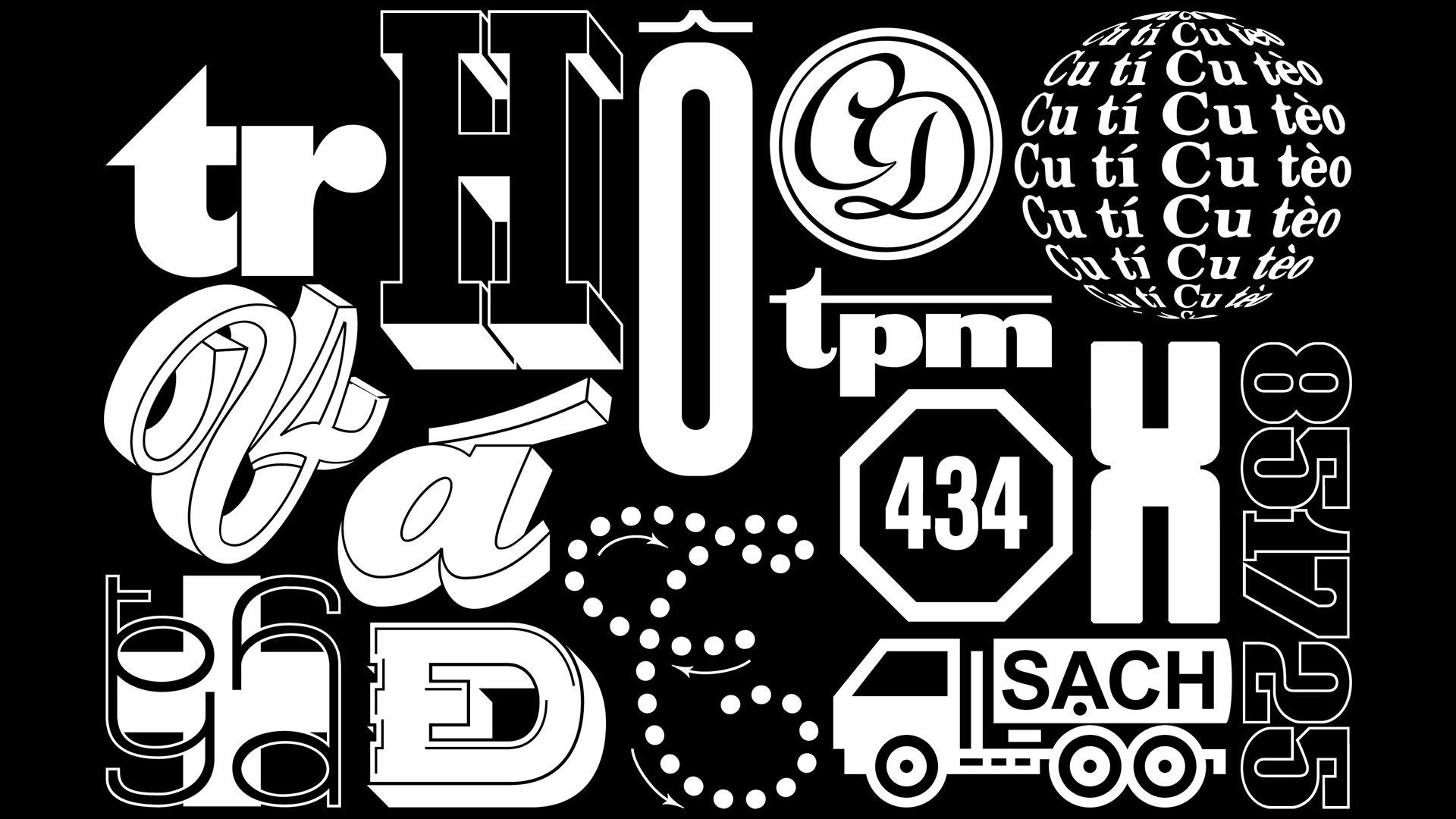 Black-and-white typographic collage with stylized words, numbers, a stop sign, and a small truck icon