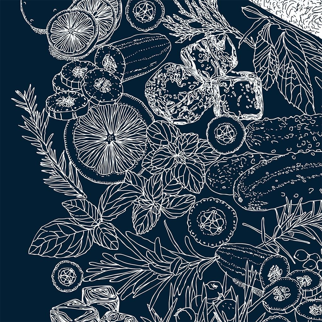 White hand-drawn floral and fruit pattern on a dark navy background