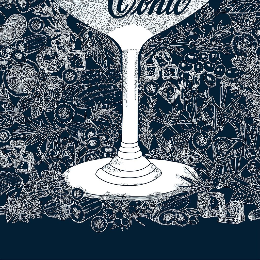 White goblet centered on a dark blue floral and fruit-patterned background.