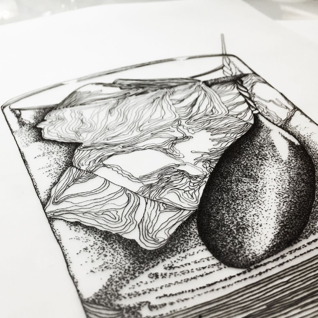 Black-and-white sketch of sliced food on a plate beside a pear-shaped bottle or jar