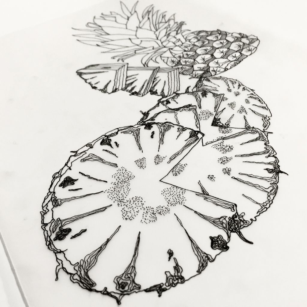 Black-and-white drawing of two overlapping pineapples with detailed gills and textured caps