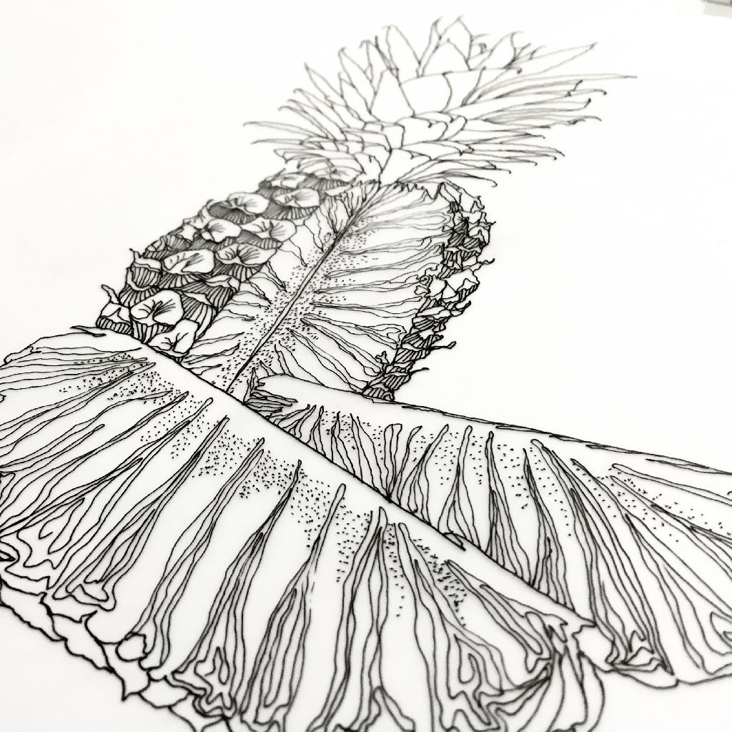 Black-and-white line drawing of a large pineapple with detailed petals and leaves.