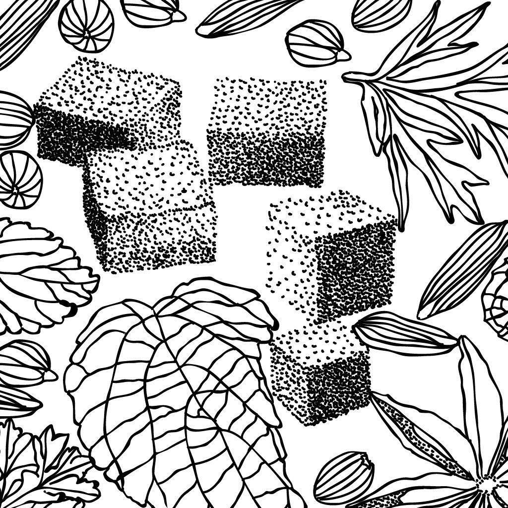 Black-and-white line art of stacked cubes surrounded by stylized leaves and floral patterns