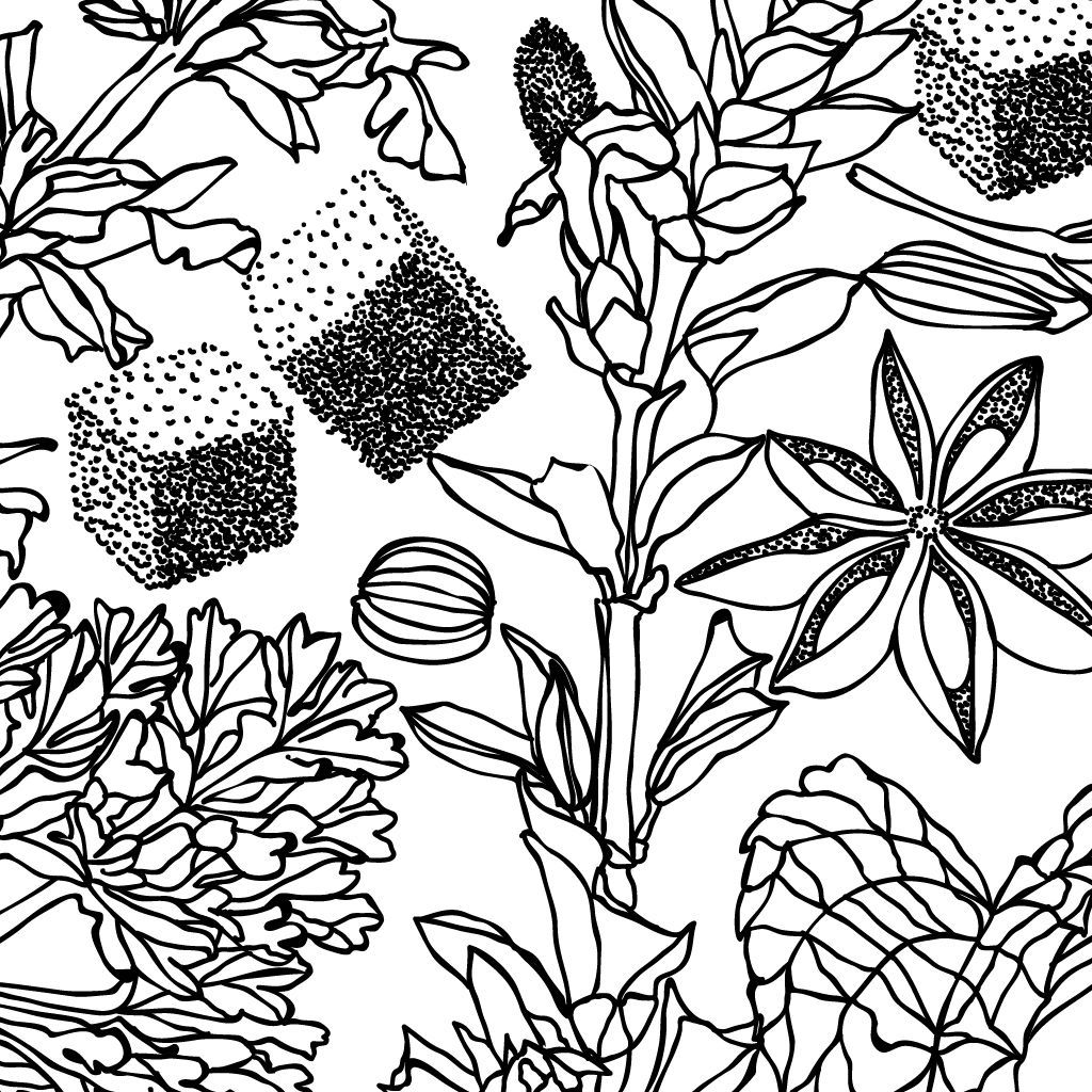 Black-and-white floral and leaf line art with geometric shapes and a striped sphere